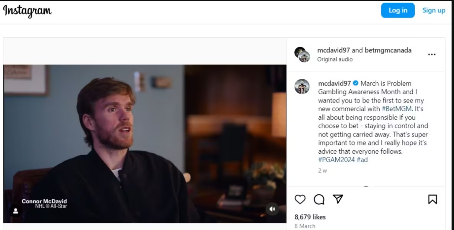 Connor McDavid promoting responsible gambling with BetMGM on Instagram