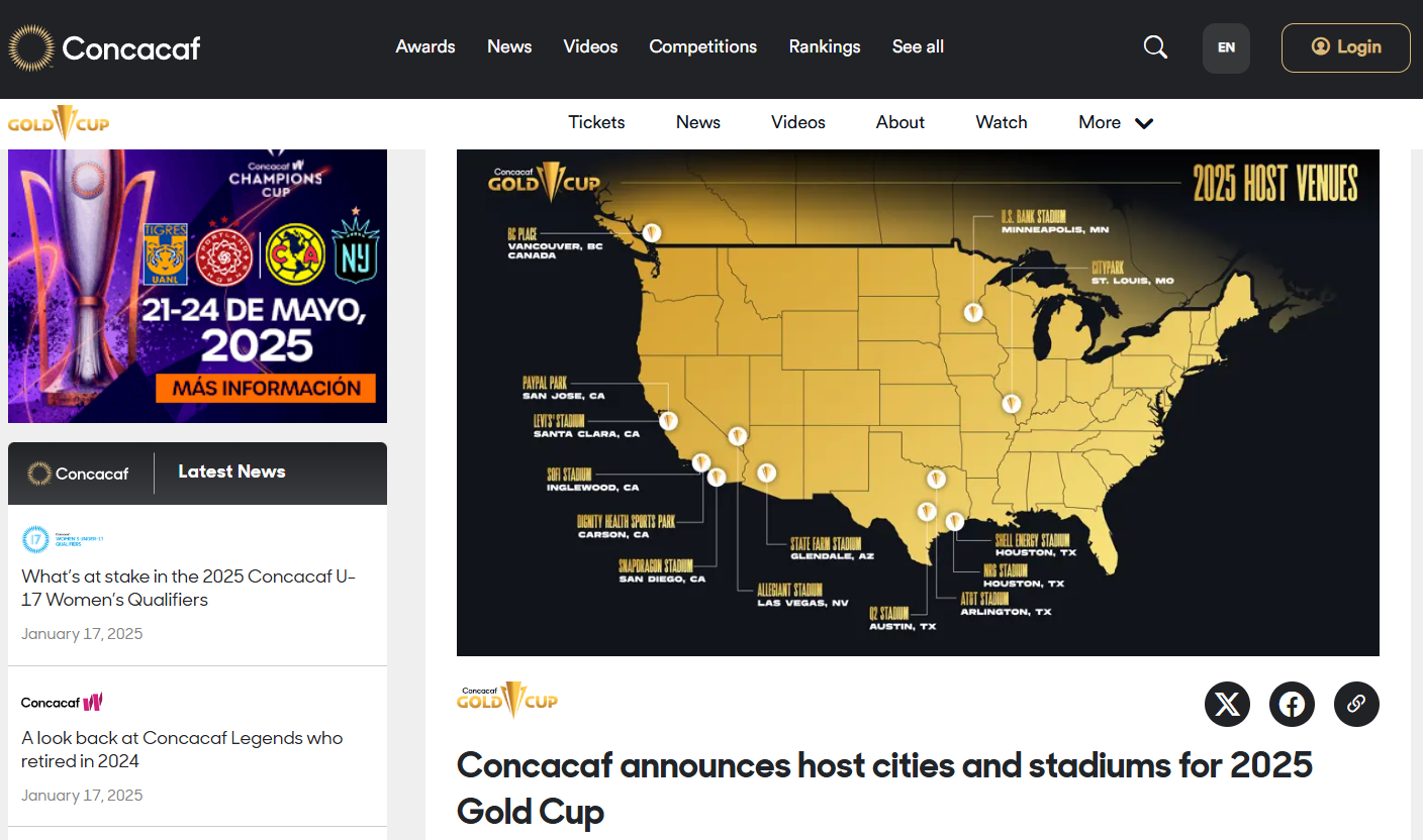 Map showing host cities and stadiums for the 2025 Concacaf Gold Cup