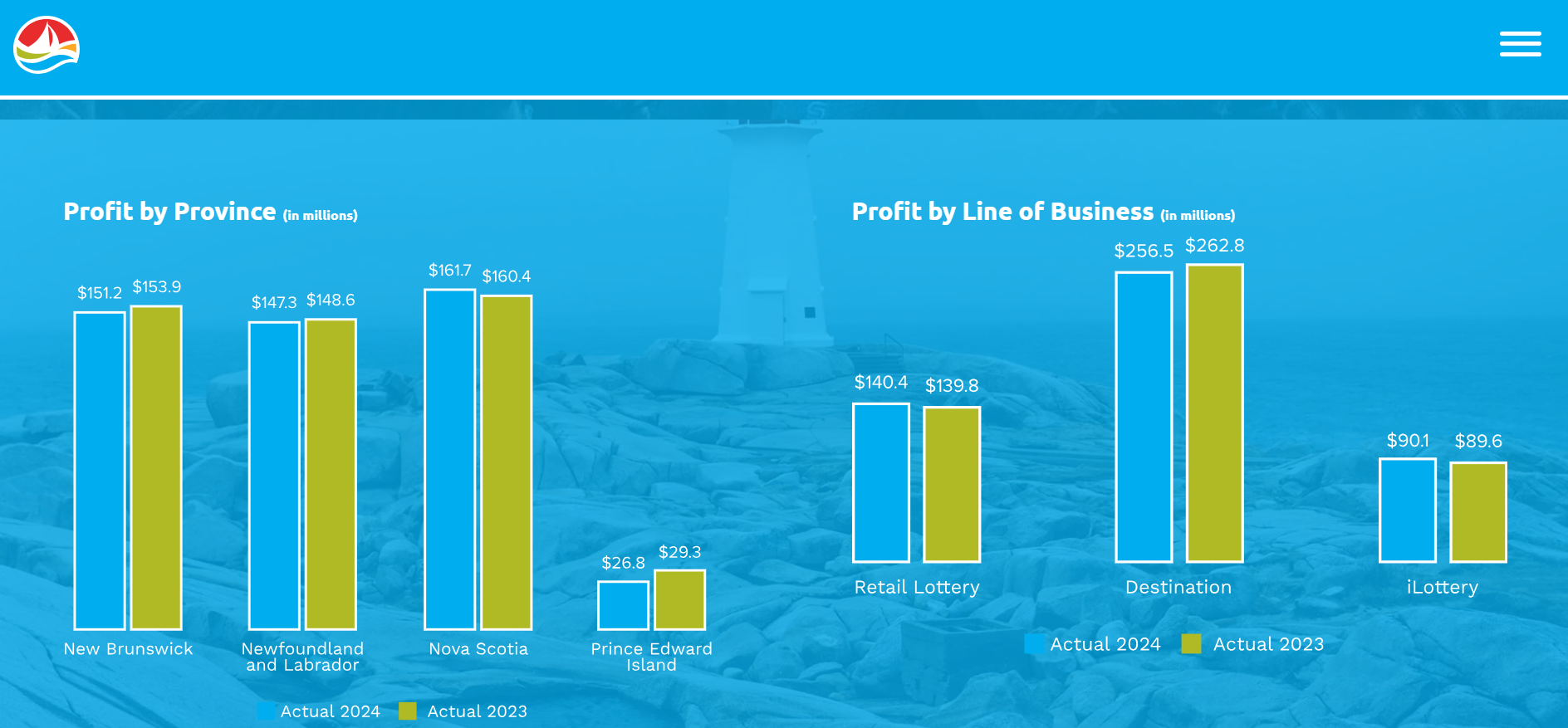 Bar chart comparing profits by province and by business line for the years 2023 and 2024