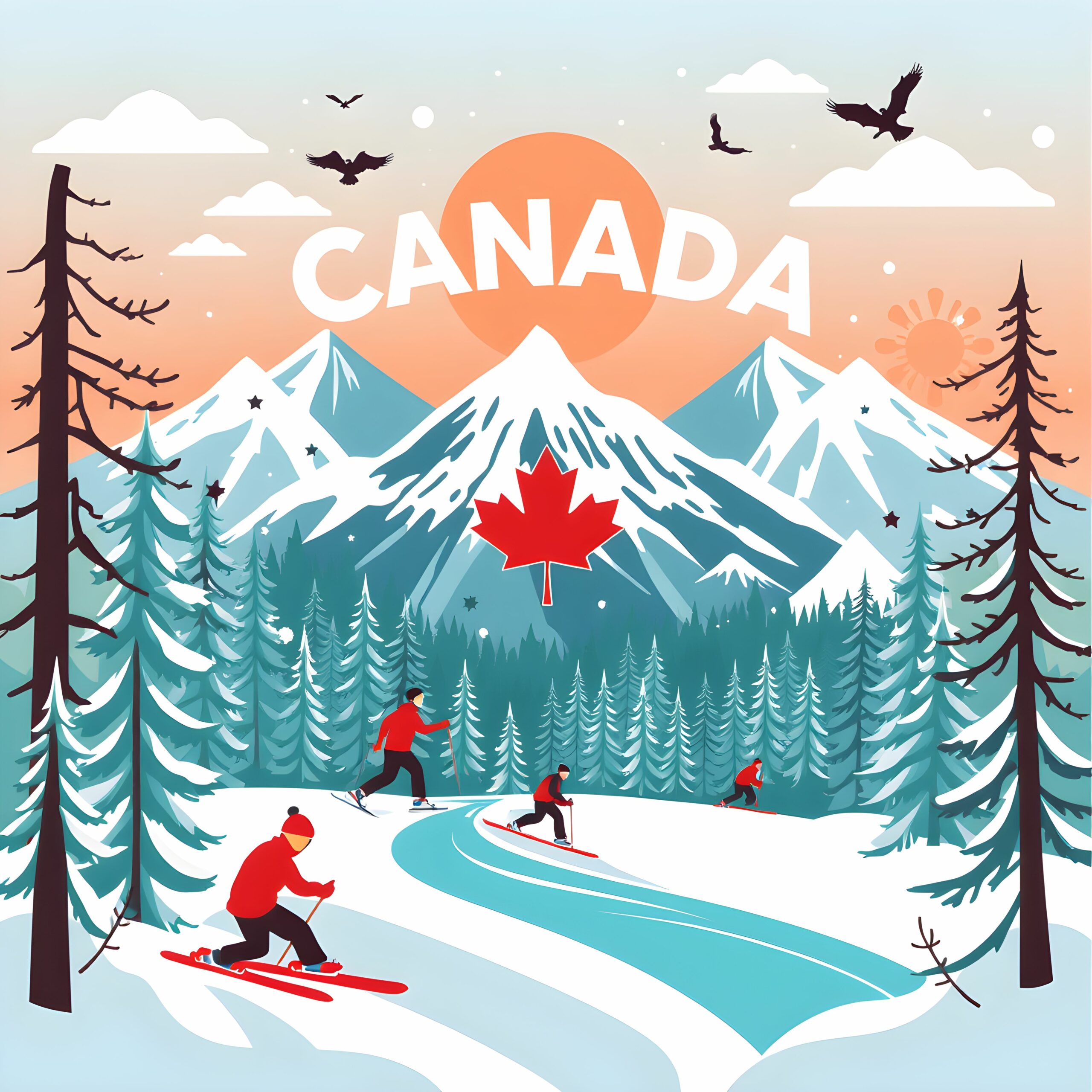 Illustration of skiing in a snowy Canadian landscape