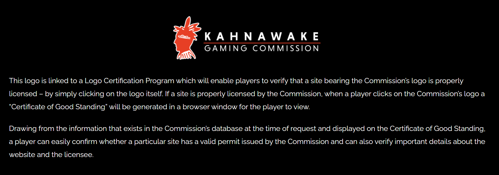 Kahnawake Gaming Commission logo and information about the Logo Certification Program