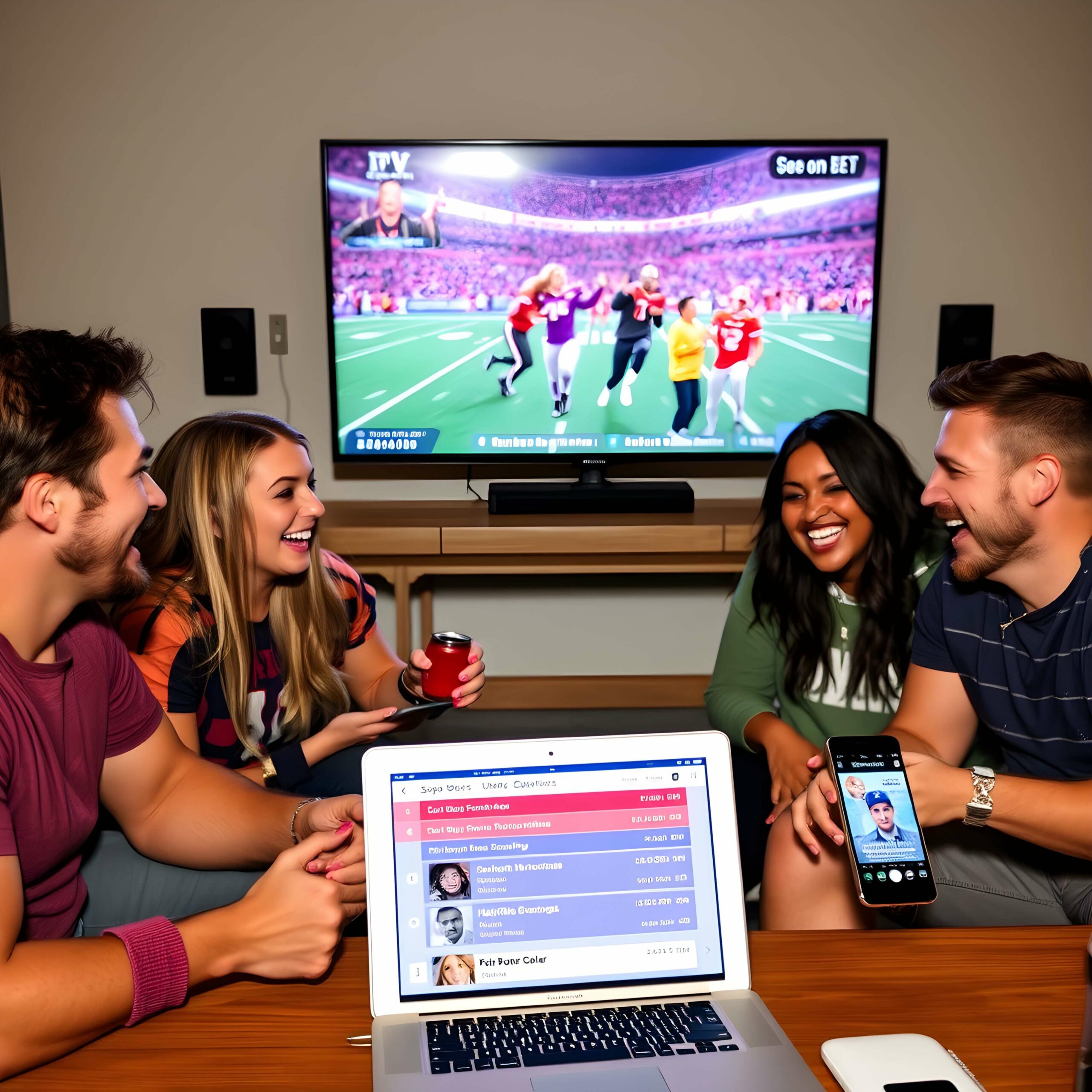 A lively Super Bowl watch party where friends engage in entertainment betting