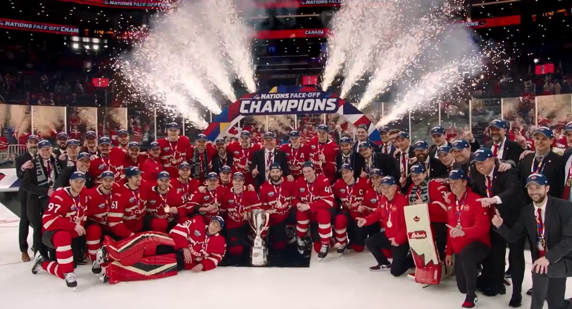 Team Canada celebrates their victory at the 4 Nations Face-Off Championship