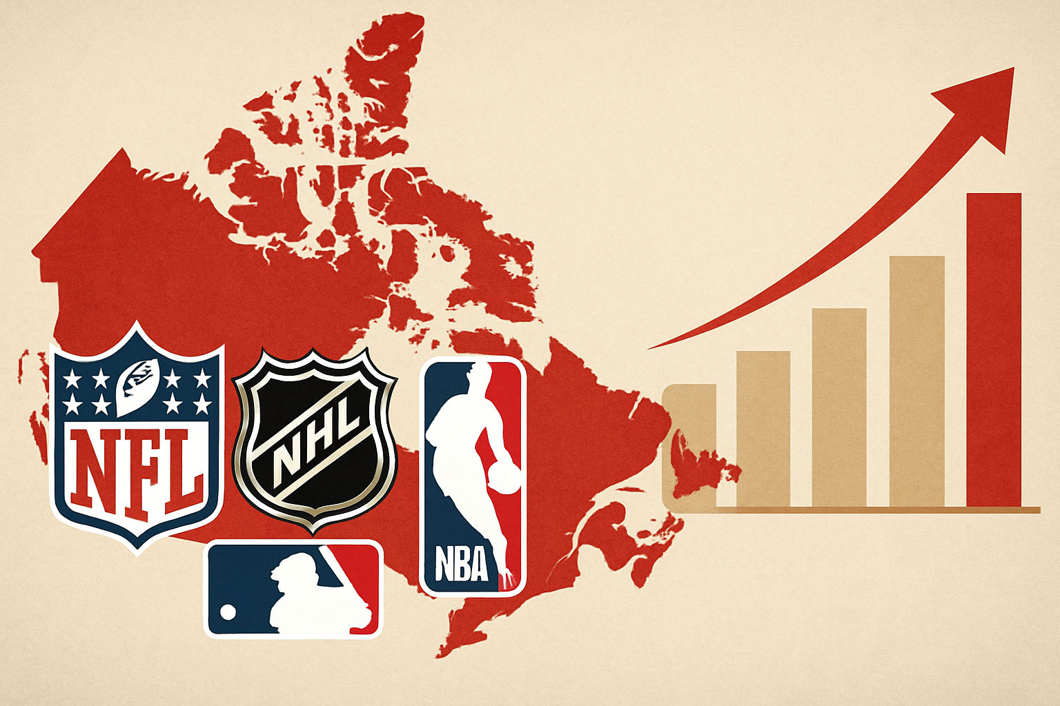 Map of Canada with NFL, NHL, NBA, and MLB logos, and a rising bar graph showing the growth of fantasy sports.