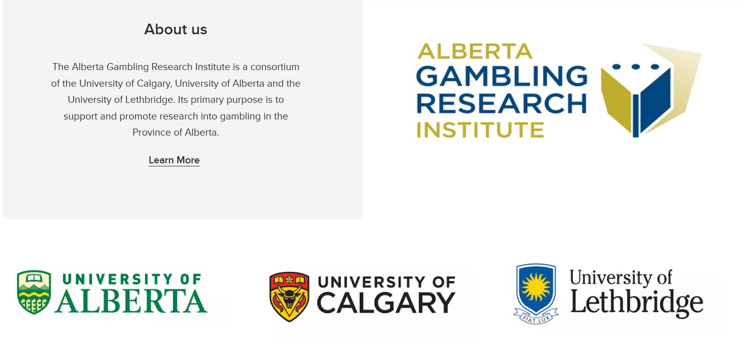 Logos of Alberta Gambling Research Institute and its partner universities – Calgary, Alberta, and Lethbridge.