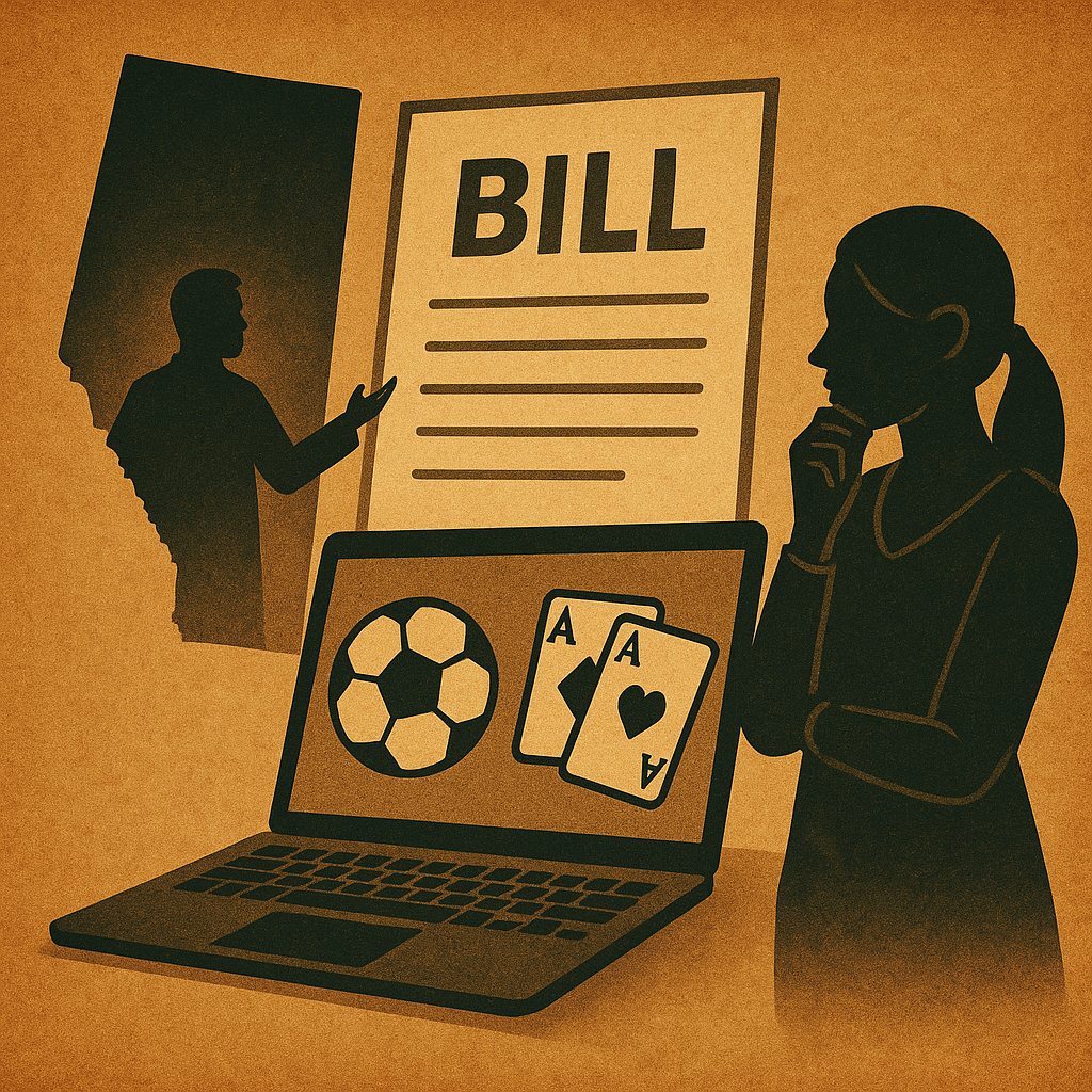 Graphic showing a person concerned about online gambling, a laptop with betting symbols, and a bill proposed in Alberta.