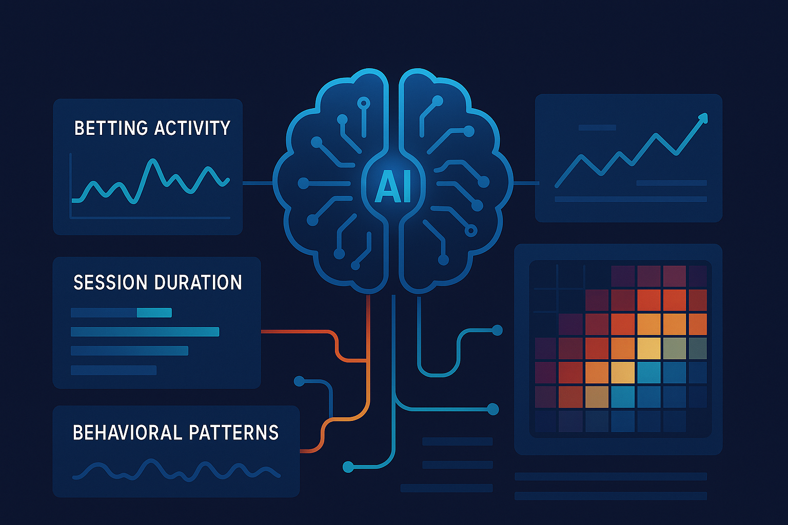 Visualization of AI integration in betting operations, showing data analysis of user behavior, betting trends, and session metrics.