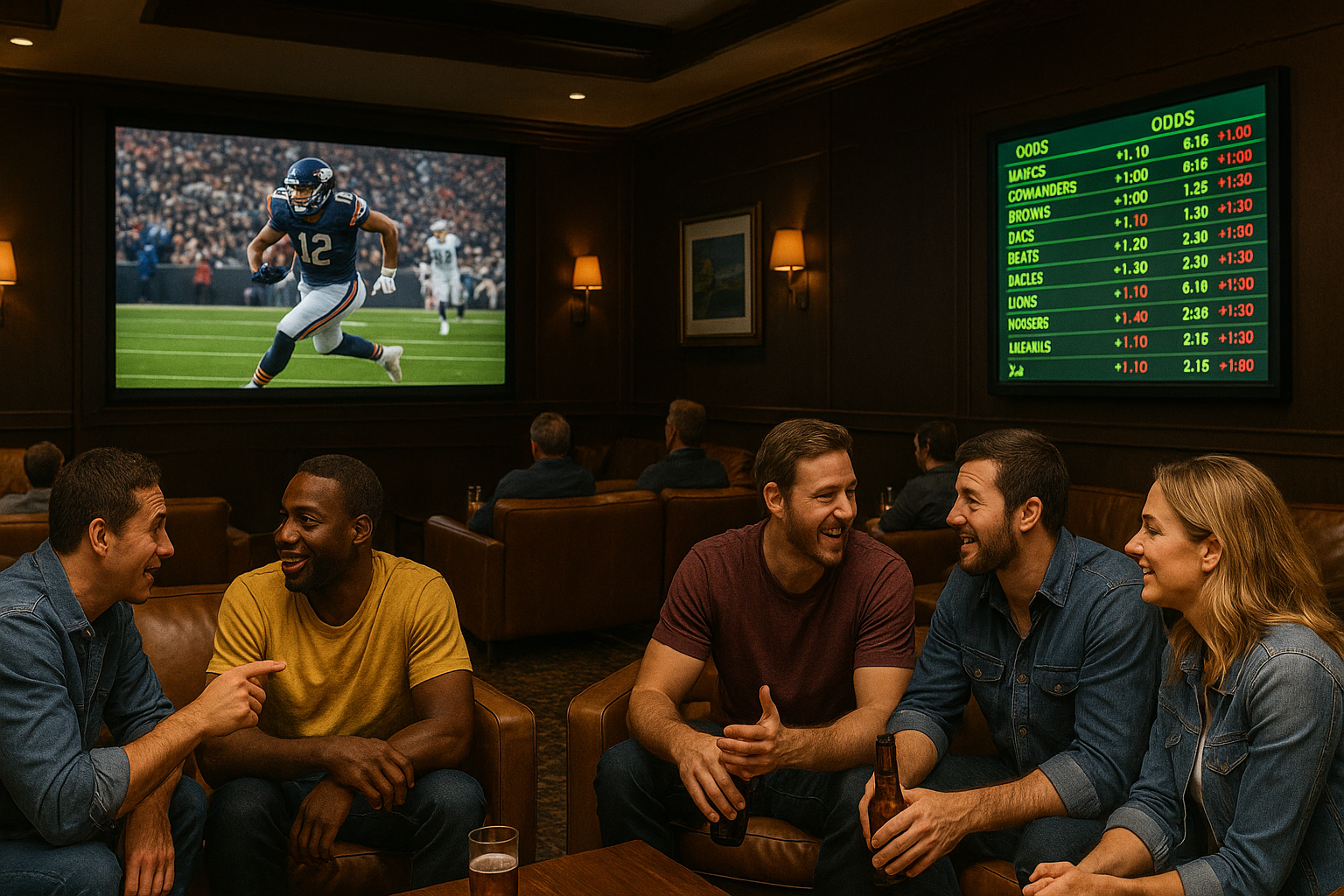 Group of friends watching a football game and chatting in a cozy sportsbook lounge in Canada