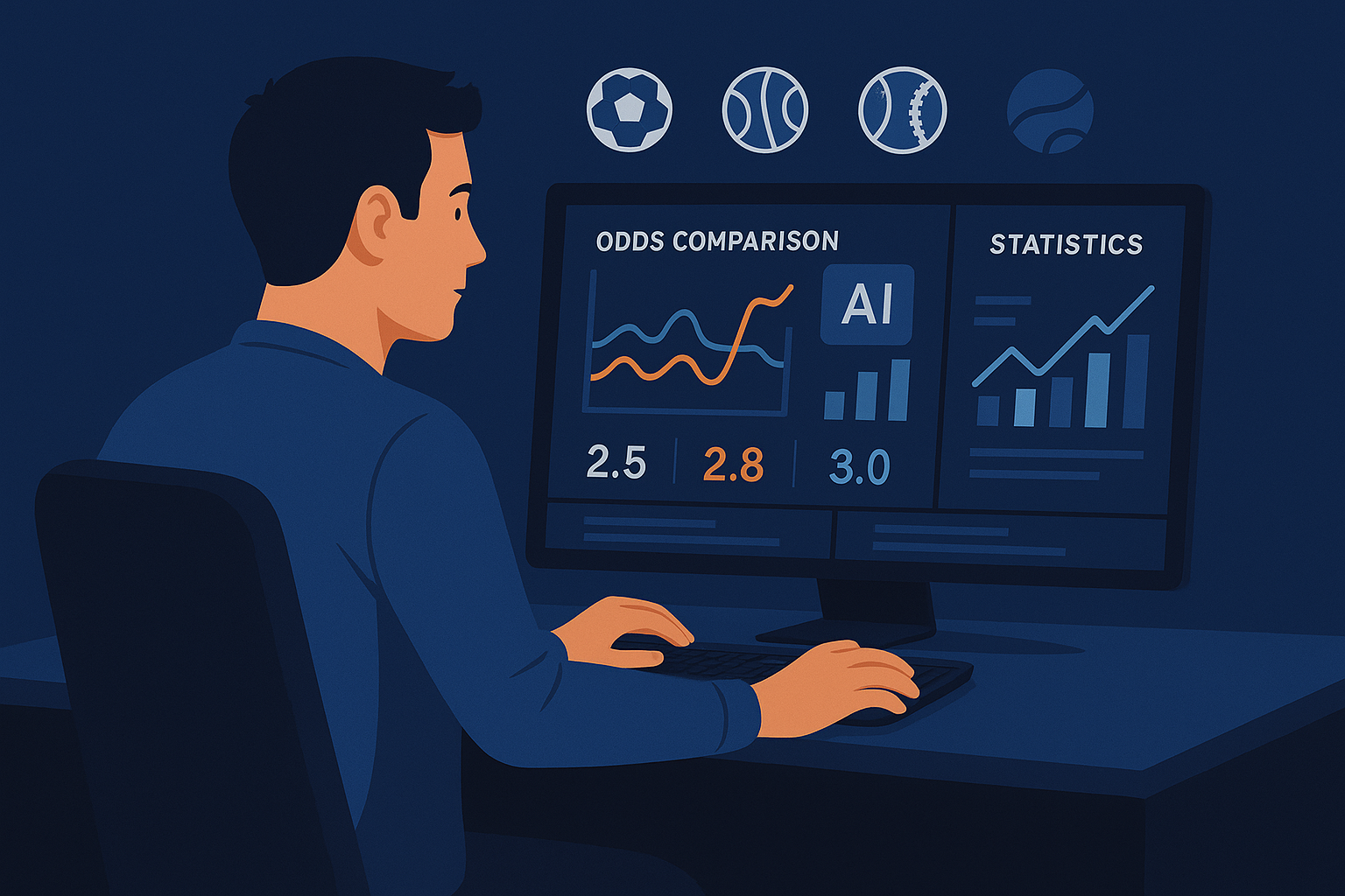 Man analyzing sports betting odds and statistics with AI software on a computer screen, featuring graphs, odds comparison, and data indicators.