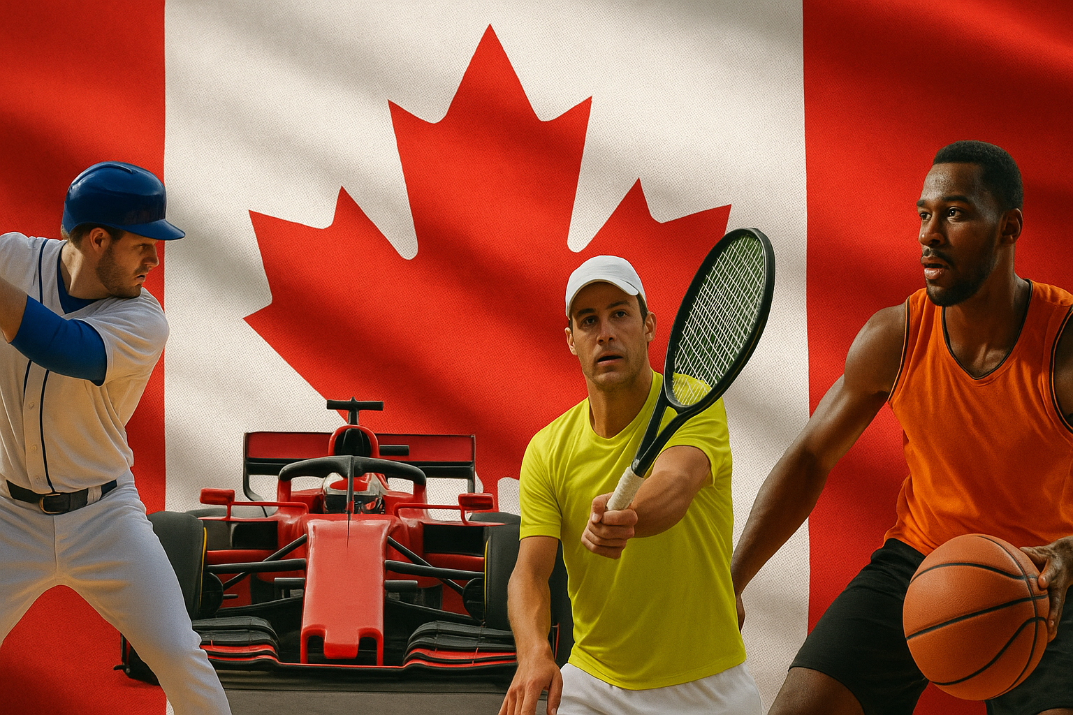 Baseball player, tennis player, basketball player, and Formula 1 car in front of a Canadian flag representing major May sports events in Canada.