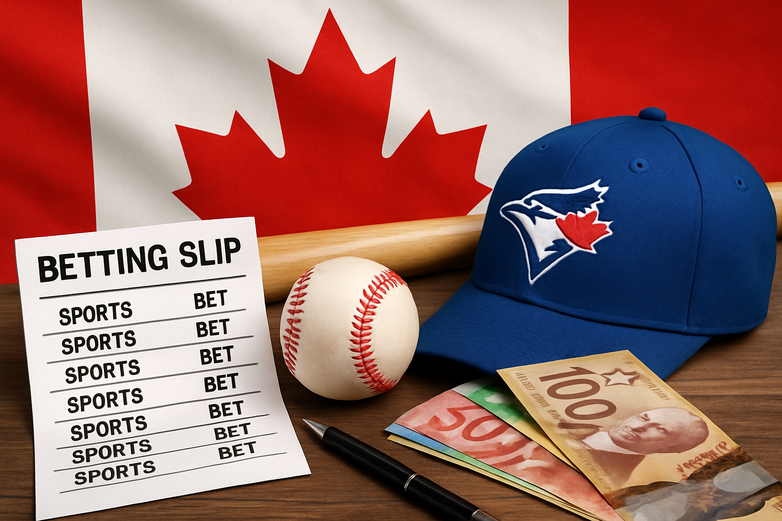 Baseball-themed setup with a cap, ball, betting slip, and Canadian currency in front of a Canadian flag—highlighting the excitement of baseball and sports betting in May 2025