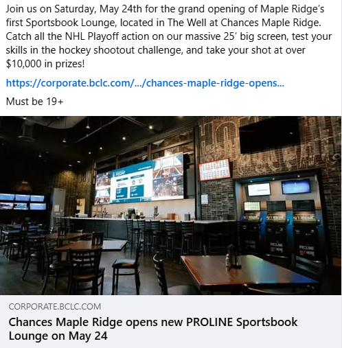 Screenshot of a Facebook post promoting the May 24 grand opening of Maple Ridge’s new PROLINE Sportsbook Lounge, with details about playoff broadcasts and prize draws