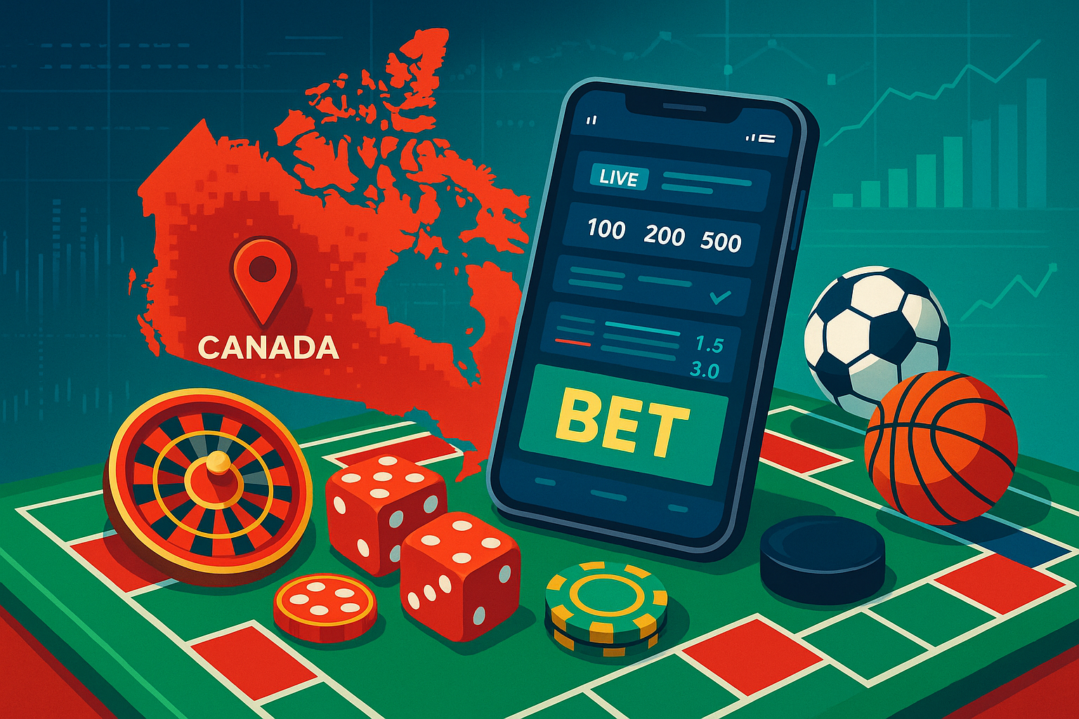 Visual of mobile sports betting and casino games against a red map of Canada