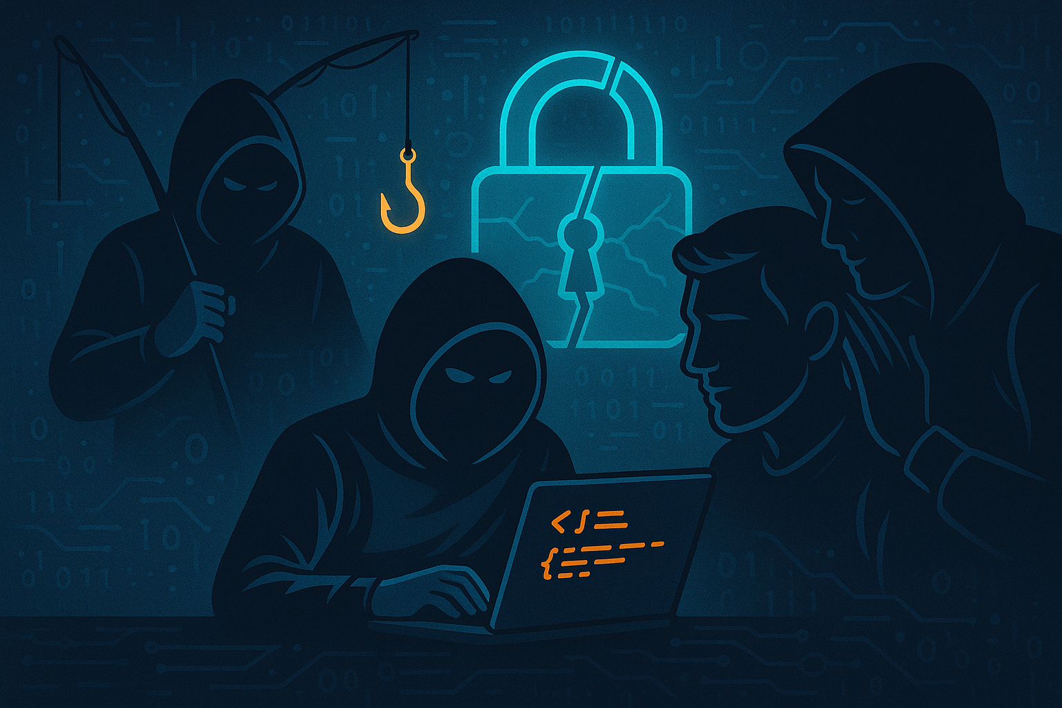 Illustration of hackers using various methods to steal user data, highlighting cybersecurity risks for Canadian online bettors