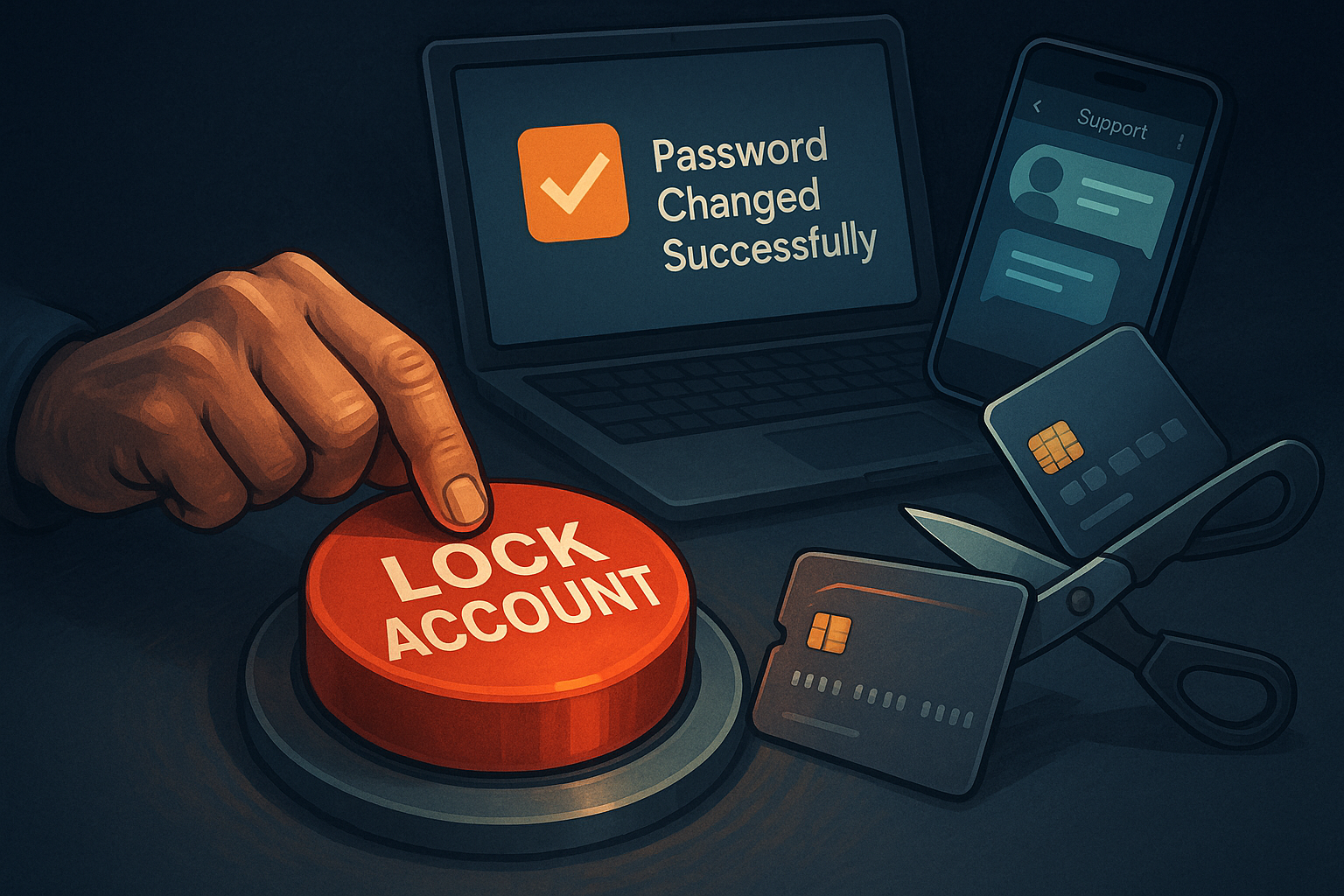 Illustration of locking an account, changing passwords, and blocking cards – steps to take after falling victim to online betting fraud