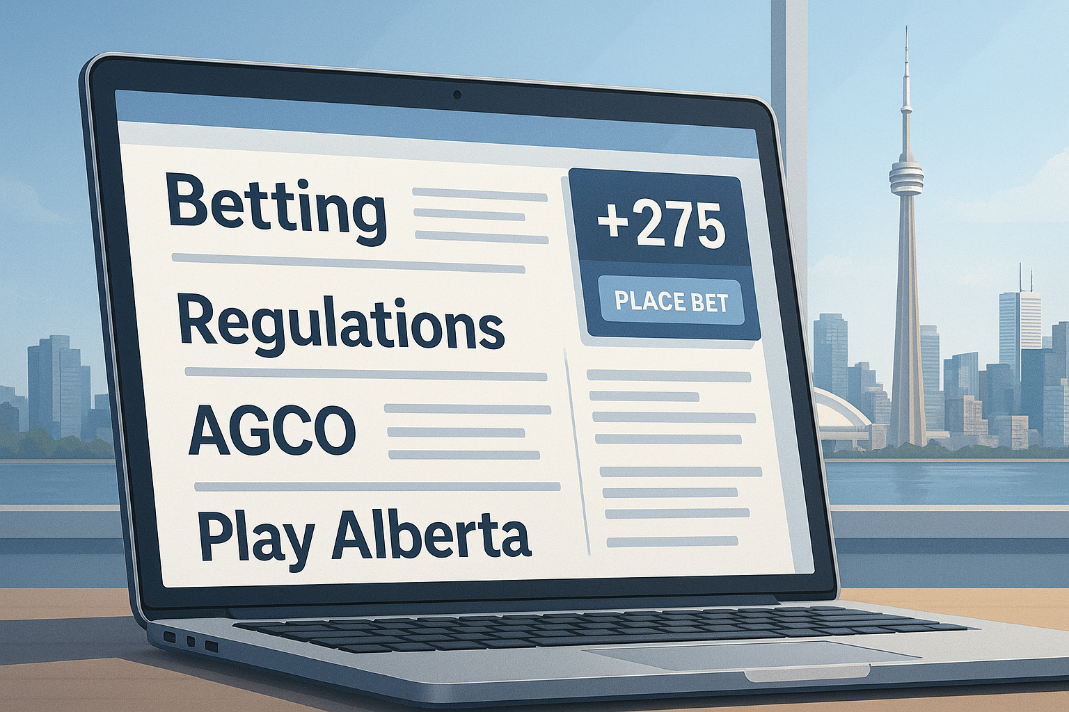 A laptop displaying betting-related terms against a backdrop of a cityscape with the CN Tower.