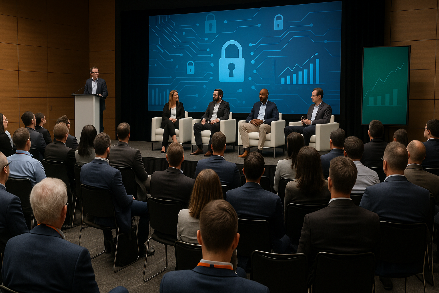 Illustration of a panel discussion representing the core tracks of the upcoming Canadian Gaming Summit 2025, including payments, compliance, player protection, and more.
