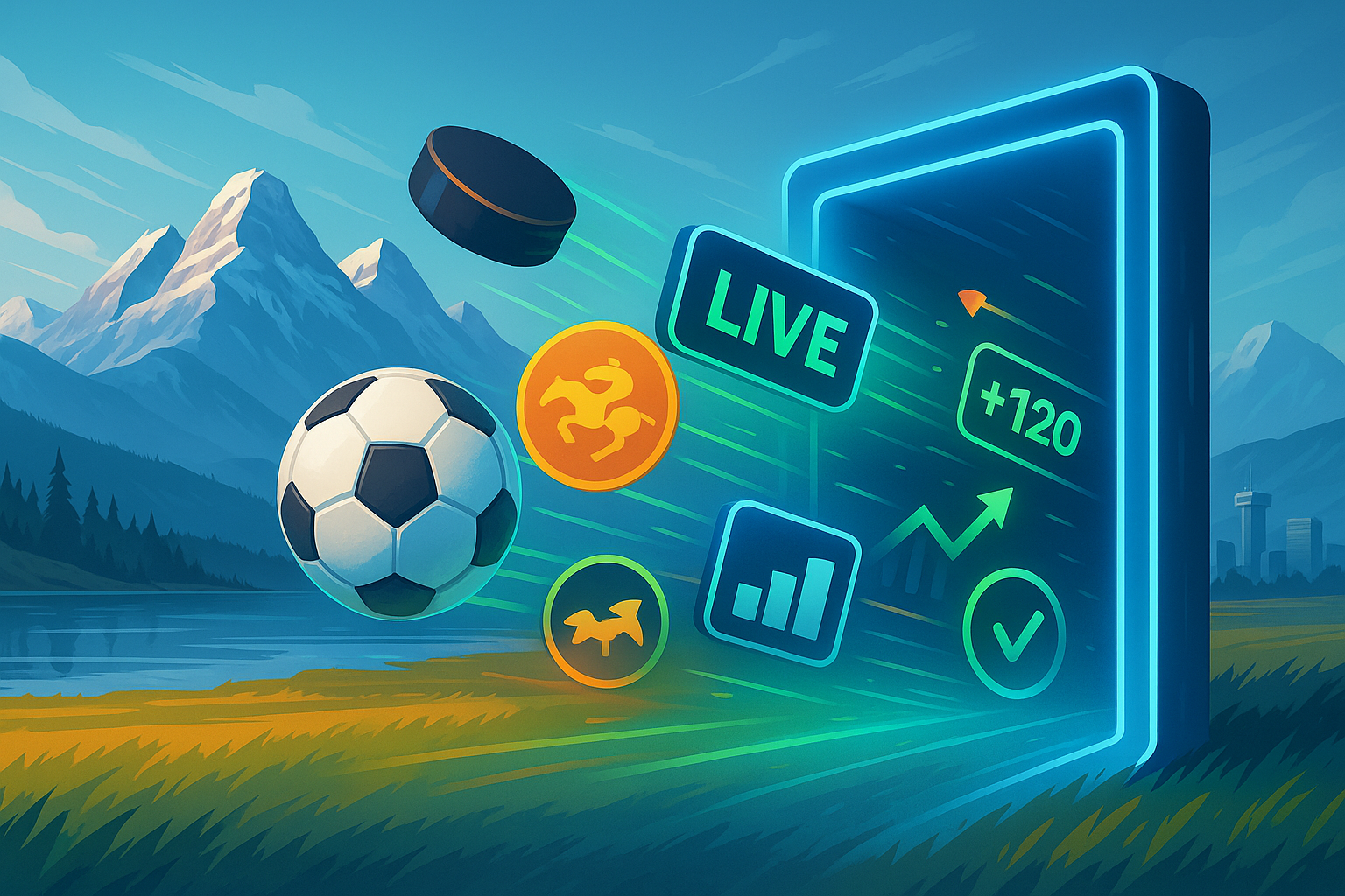 Symbols of online sports betting like a soccer ball, hockey puck, and betting icons emerging from a digital screen, set against Alberta's mountainous landscape.