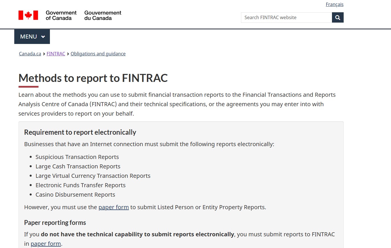 Screenshot from the Government of Canada website outlining electronic reporting requirements to FINTRAC, relevant to recent exemptions granted to iGaming operators in Ontario.