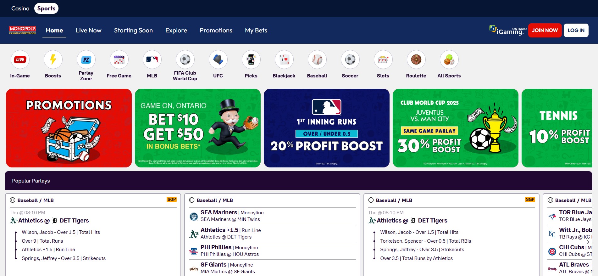 Screenshot of the Monopoly Casino & Sportsbook interface showing sports categories, live betting options, and themed promotions, emphasizing user-friendly layout and branded entertainment.