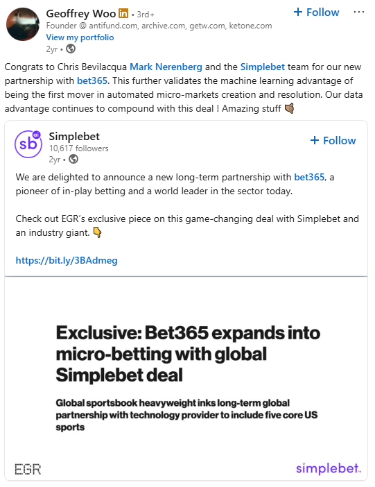 Screenshot of LinkedIn posts announcing the partnership between Bet365 and Simplebet, highlighting their collaboration on micro-betting technology
