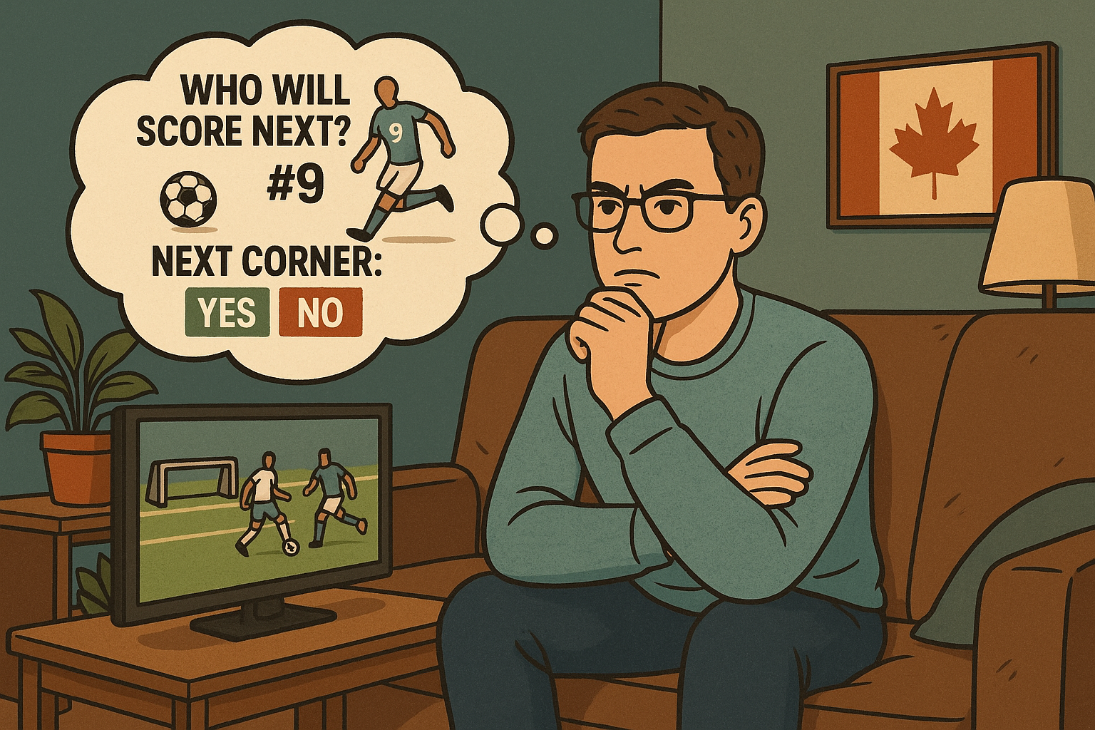 Illustration of a man watching a soccer match on TV in a living room, thinking about micro-betting options
