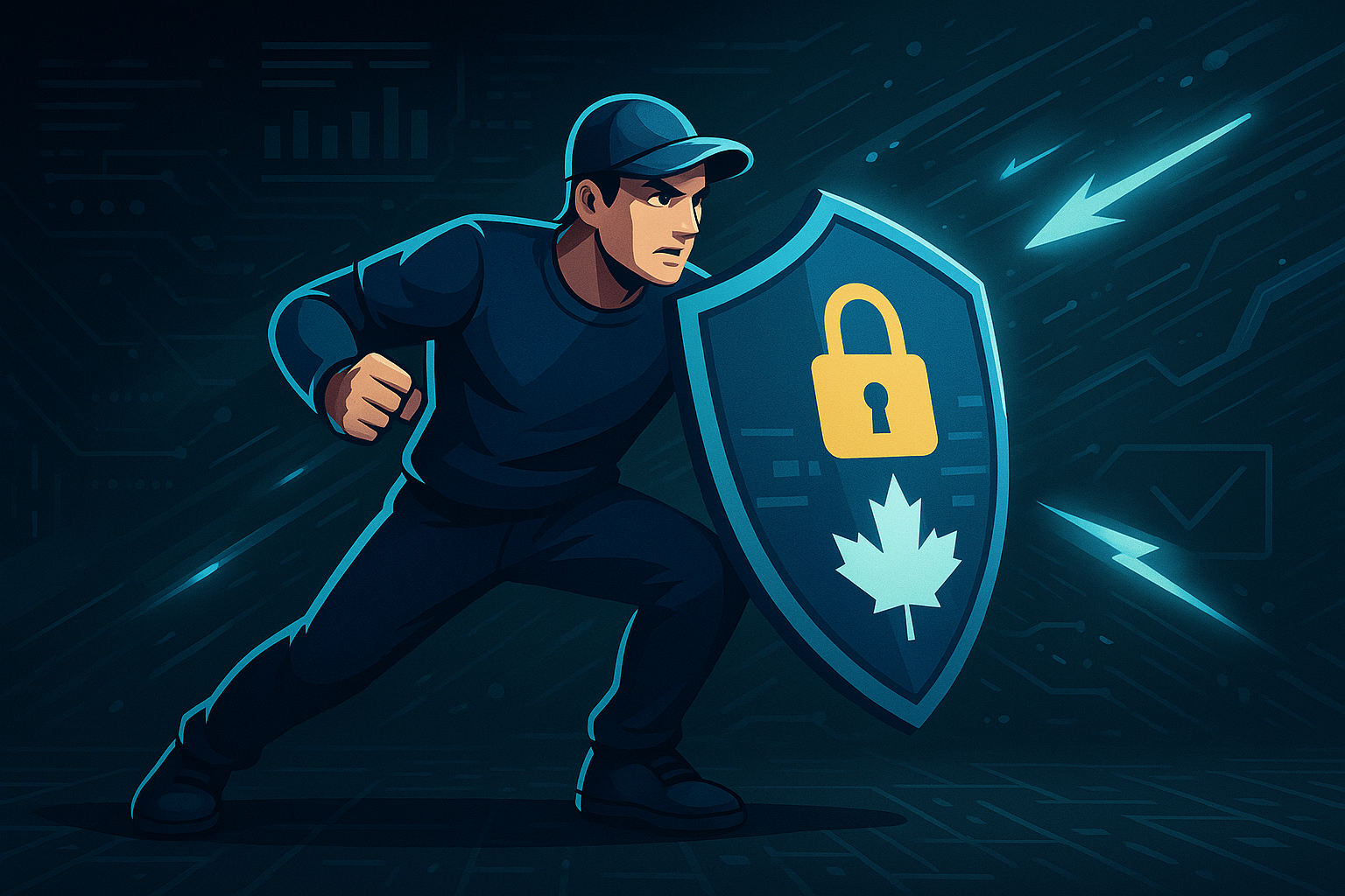Illustration of a man holding a digital shield with a lock and maple leaf, symbolizing cybersecurity and account protection for Canadian online bettors