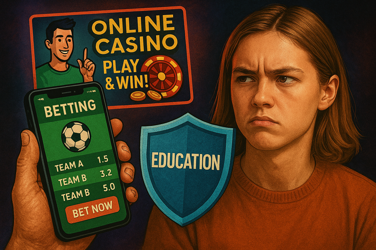 Illustration of a concerned teenager facing online betting ads and casino apps, with a shield labelled “Education” symbolizing protection from gambling influence.