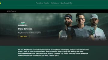 Three athletes representing different sports on the Bet365 Daily Lineups banner promoting free-to-play fantasy tournaments.