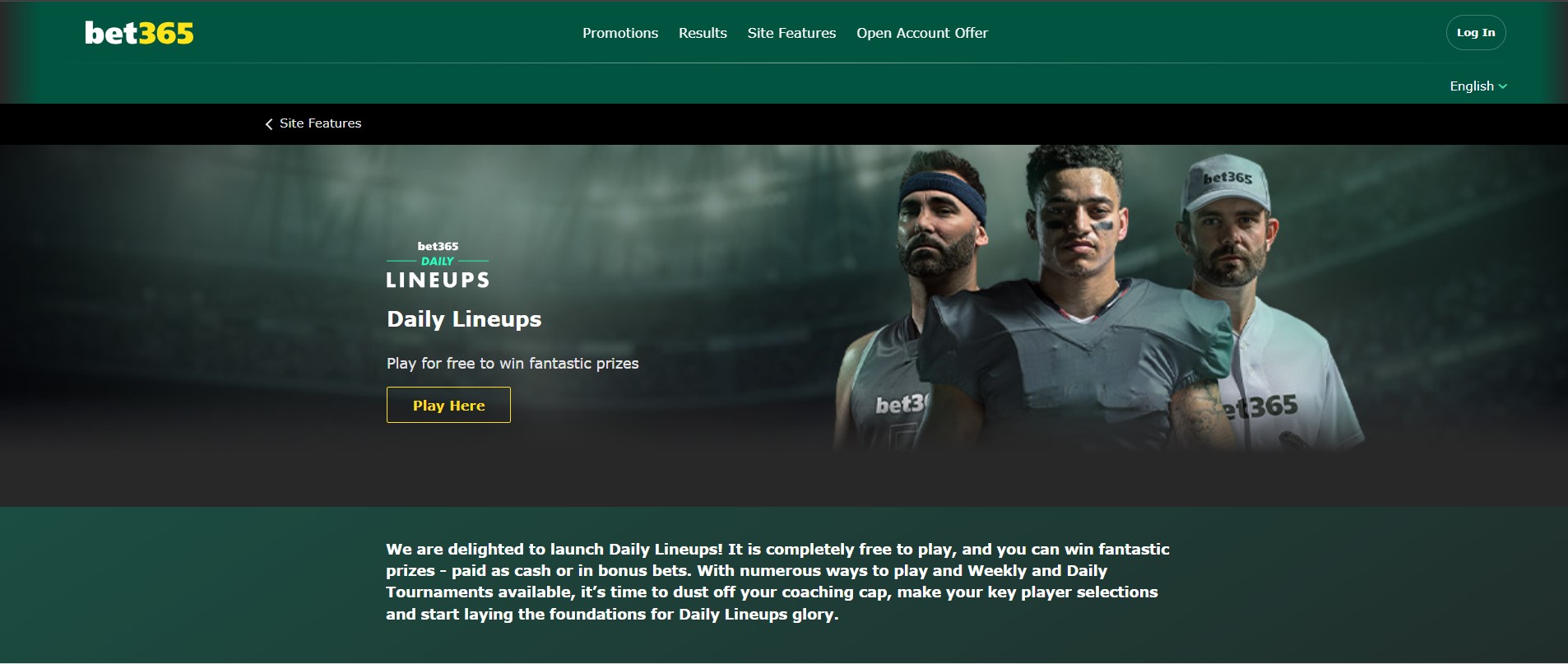 Three athletes representing different sports on the Bet365 Daily Lineups banner promoting free-to-play fantasy tournaments.