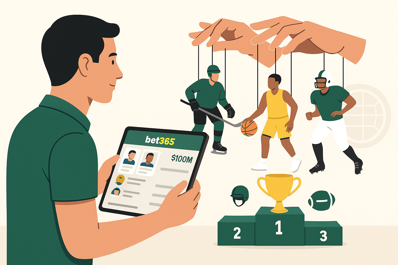 Illustration of a user managing a fantasy team on Bet365, choosing real athletes across sports while tracking budget and stats.