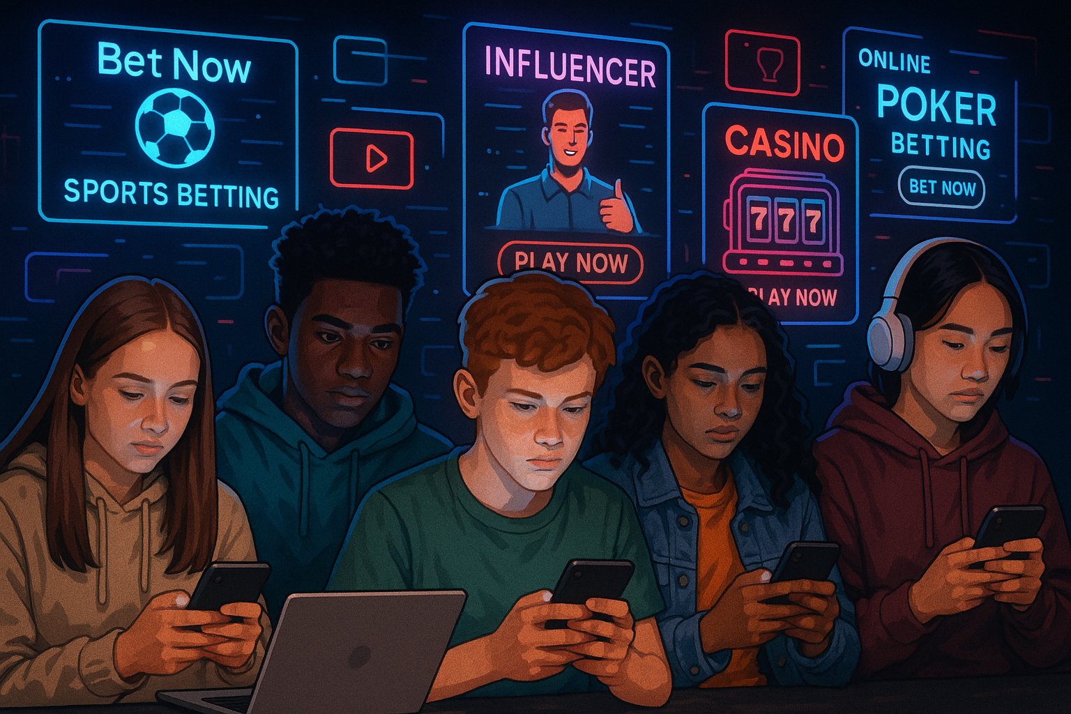 Adolescent group immersed in screens with vivid sports betting and influencer ads in the background, symbolizing constant exposure to gambling content.