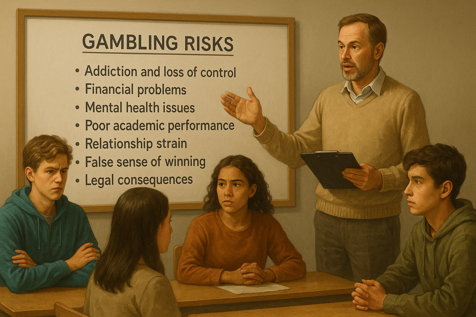 Teens attend a school lesson where a teacher outlines the risks of gambling, from mental health issues to legal trouble, as part of a prevention program.