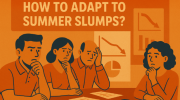 Four concerned professionals analyzing charts and graphs showing declining trends, representing the impact of seasonal slowdown on the betting industry in Canada