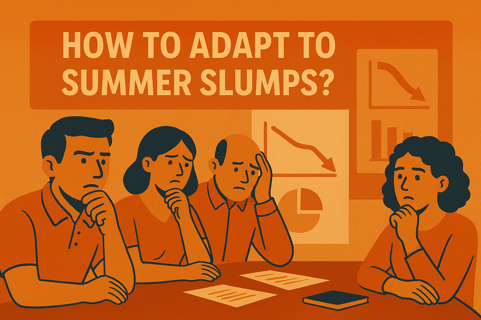 Four concerned professionals analyzing charts and graphs showing declining trends, representing the impact of seasonal slowdown on the betting industry in Canada