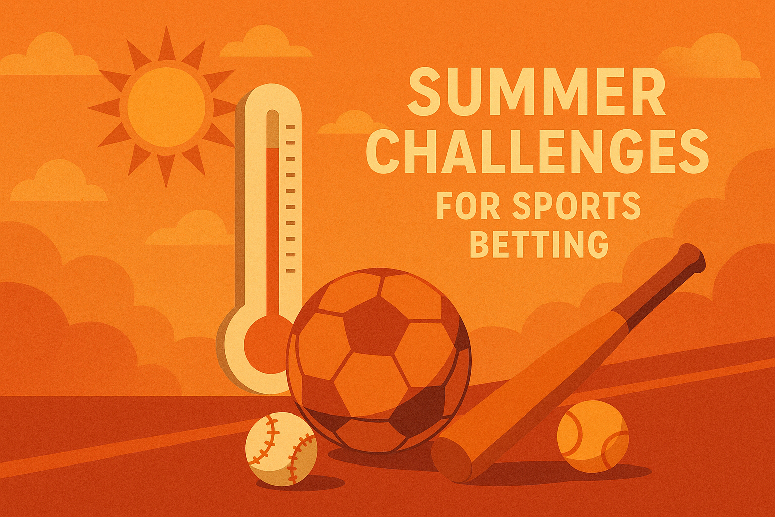 Thermometer and sports equipment under summer sun, symbolizing reduced sports events and lower betting activity during June and July