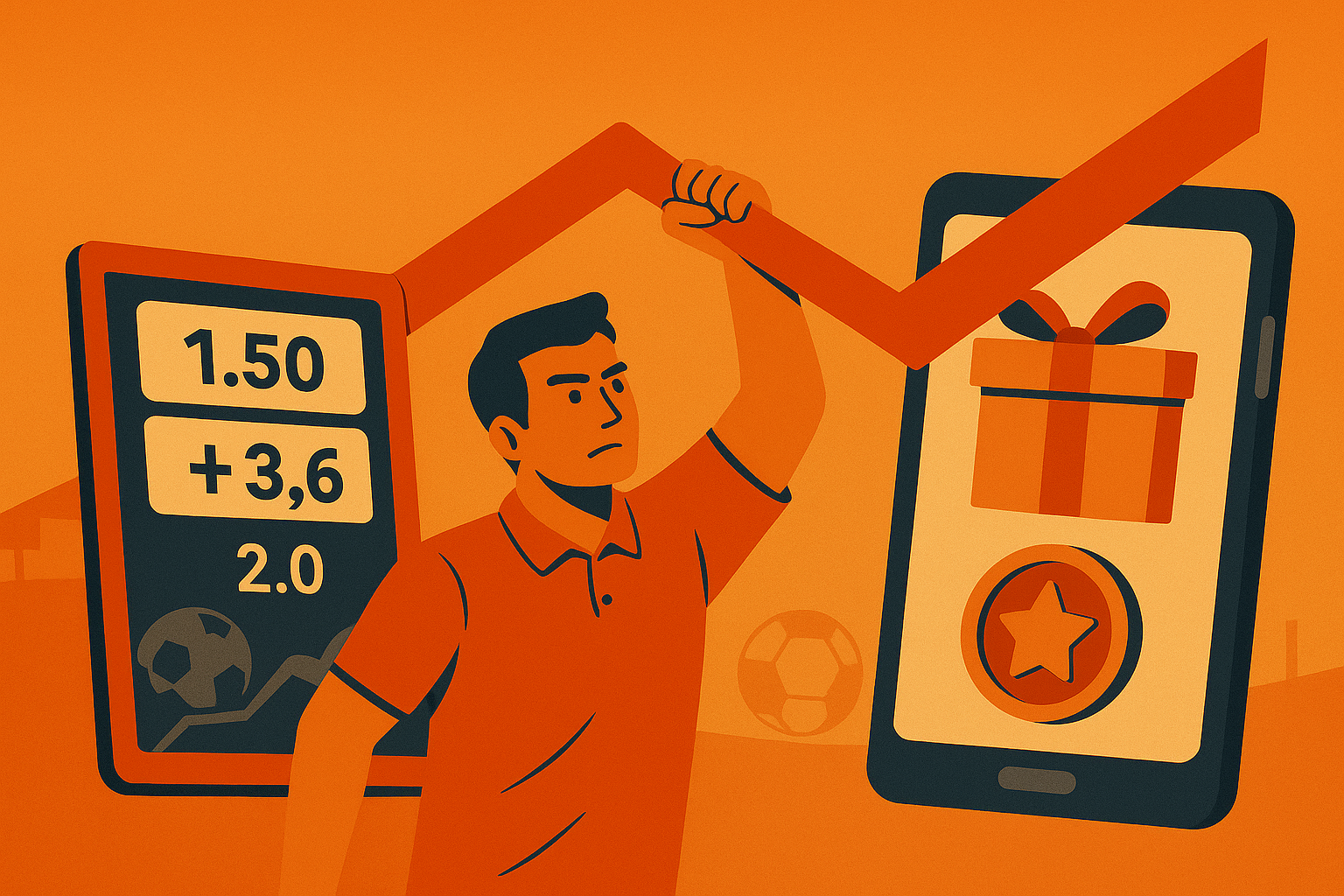 Man lifting a rising graph between sports odds and mobile rewards, symbolizing how betting platforms adapt and grow during seasonal traffic drops