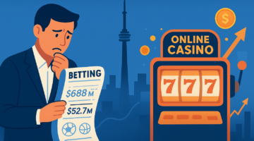 Illustration of a worried man holding sports betting results showing $688M wagers and $52.7M revenue, contrasted with profitable online casino slot machine.