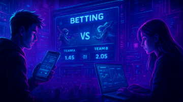 Two people using laptop and smartphone to follow esports betting odds during a live tournament, with teams and match data displayed on a digital screen.