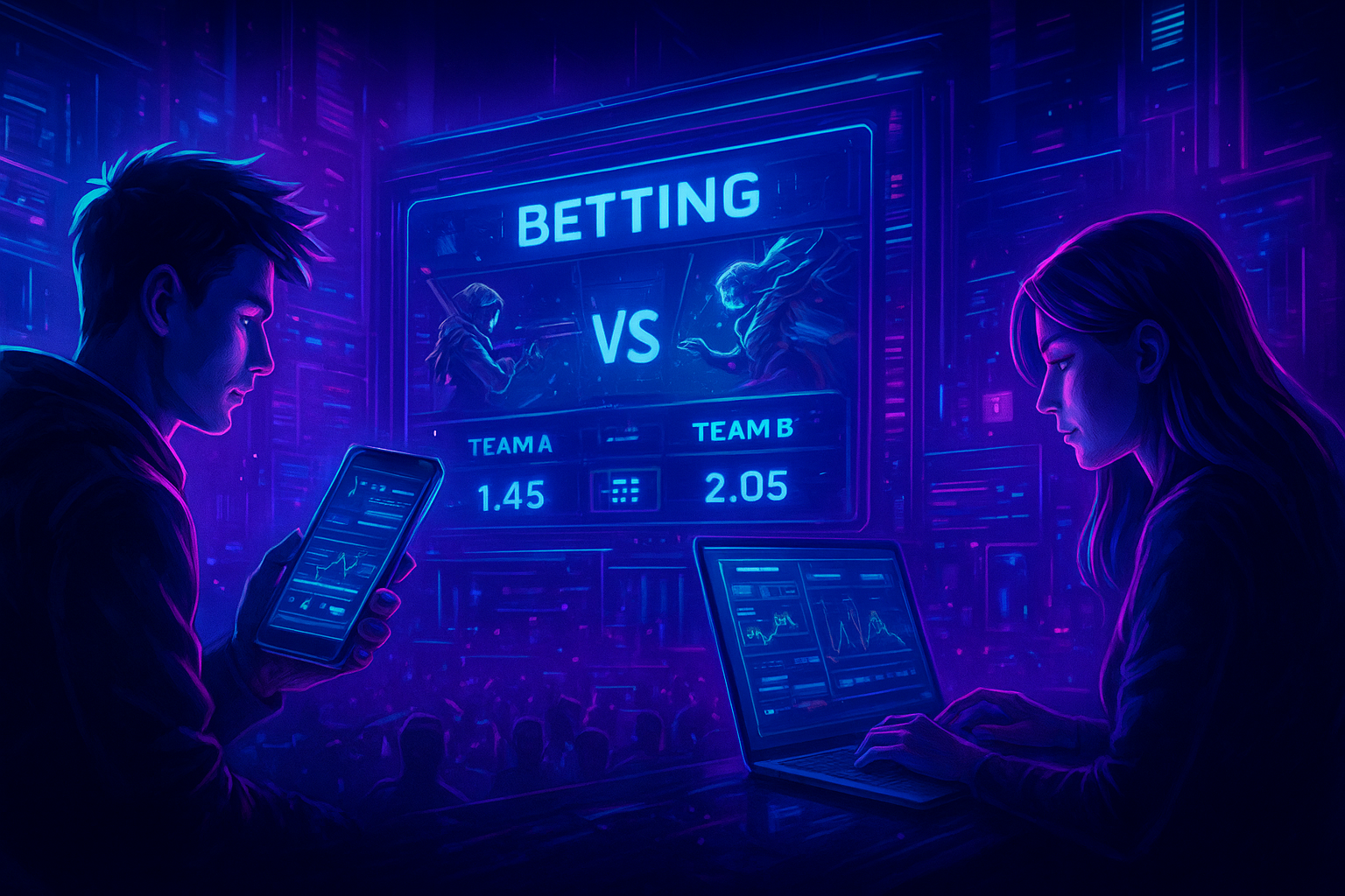 Two people using laptop and smartphone to follow esports betting odds during a live tournament, with teams and match data displayed on a digital screen.