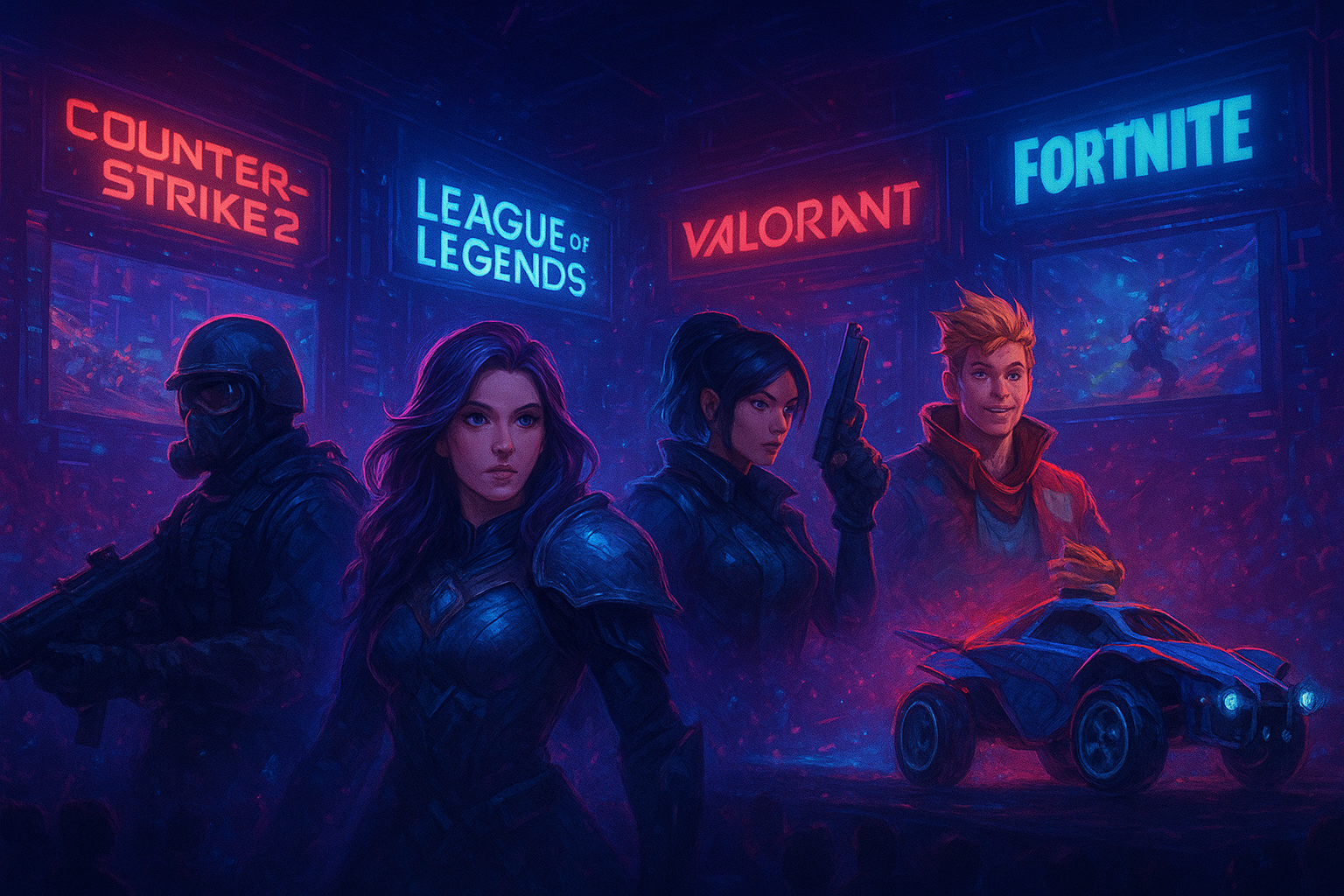 Illustrations of characters from Counter-Strike 2, League of Legends, VALORANT, and Fortnite representing the most popular esports betting titles in Canada.