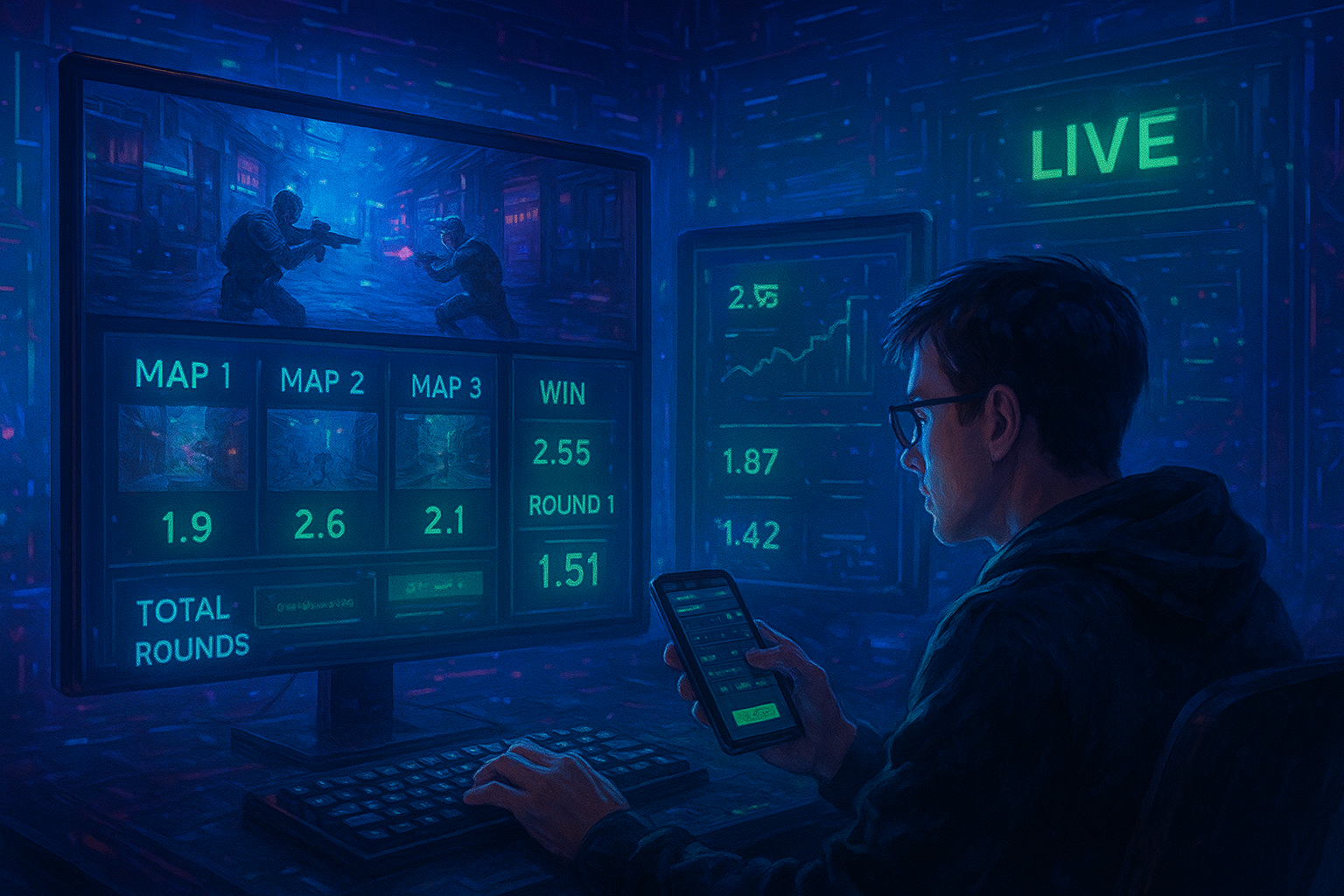 A bettor analyzing live esports odds on computer and smartphone, with maps, win probabilities, and round predictions displayed on the screen during a CS-style match.