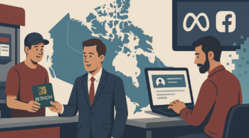 Illustration of Canadian betting updates in July 2025, featuring a BetMGM gift card exchange, a businessperson in front of a Canada map, and Meta ad policy review on a laptop