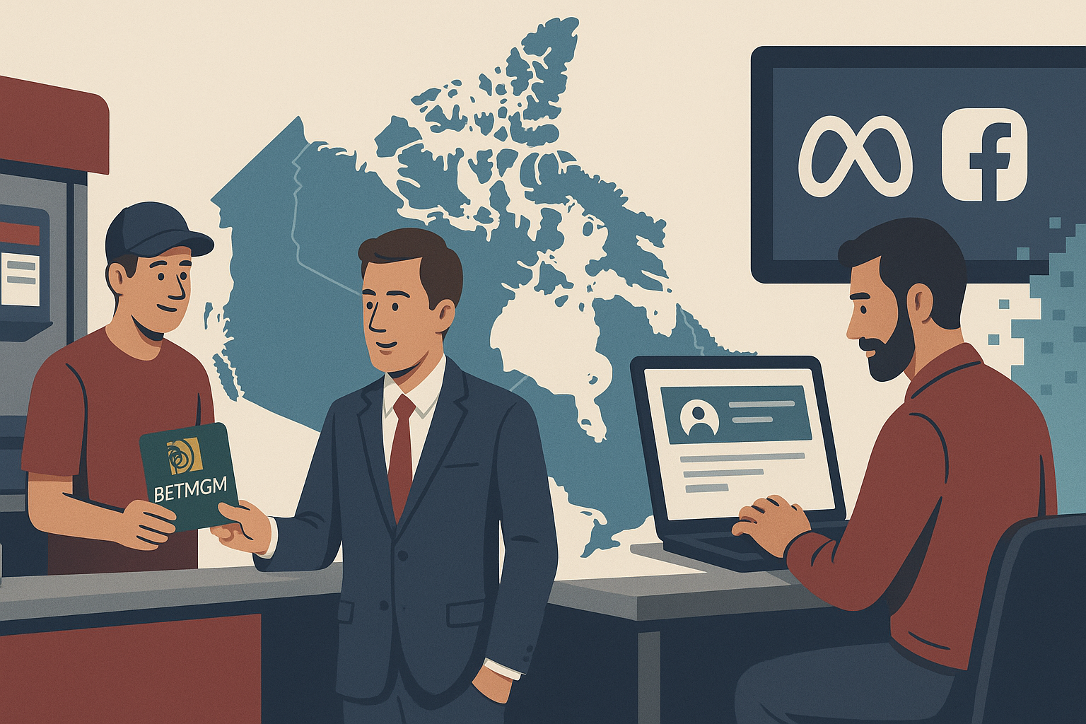 Illustration of Canadian betting updates in July 2025, featuring a BetMGM gift card exchange, a businessperson in front of a Canada map, and Meta ad policy review on a laptop
