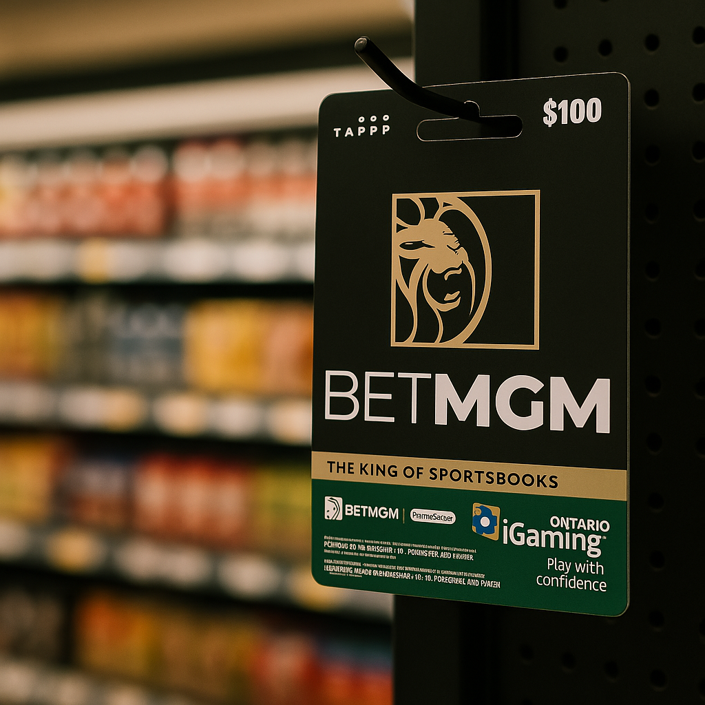 Close-up of a $100 BetMGM gift card for iGaming and sportsbook accounts, displayed in a Canadian retail store as part of a new prepaid funding option