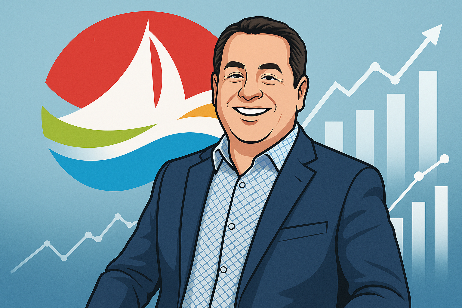 Illustration of Dallas McCready, the new CEO of Atlantic Lottery Corporation, with rising growth charts and the ALC logo in the background