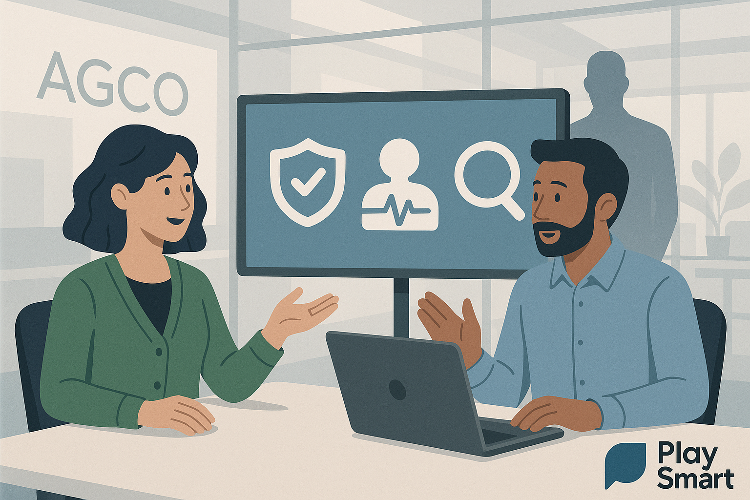 Illustration of two diverse employees discussing responsible gambling training at a workplace