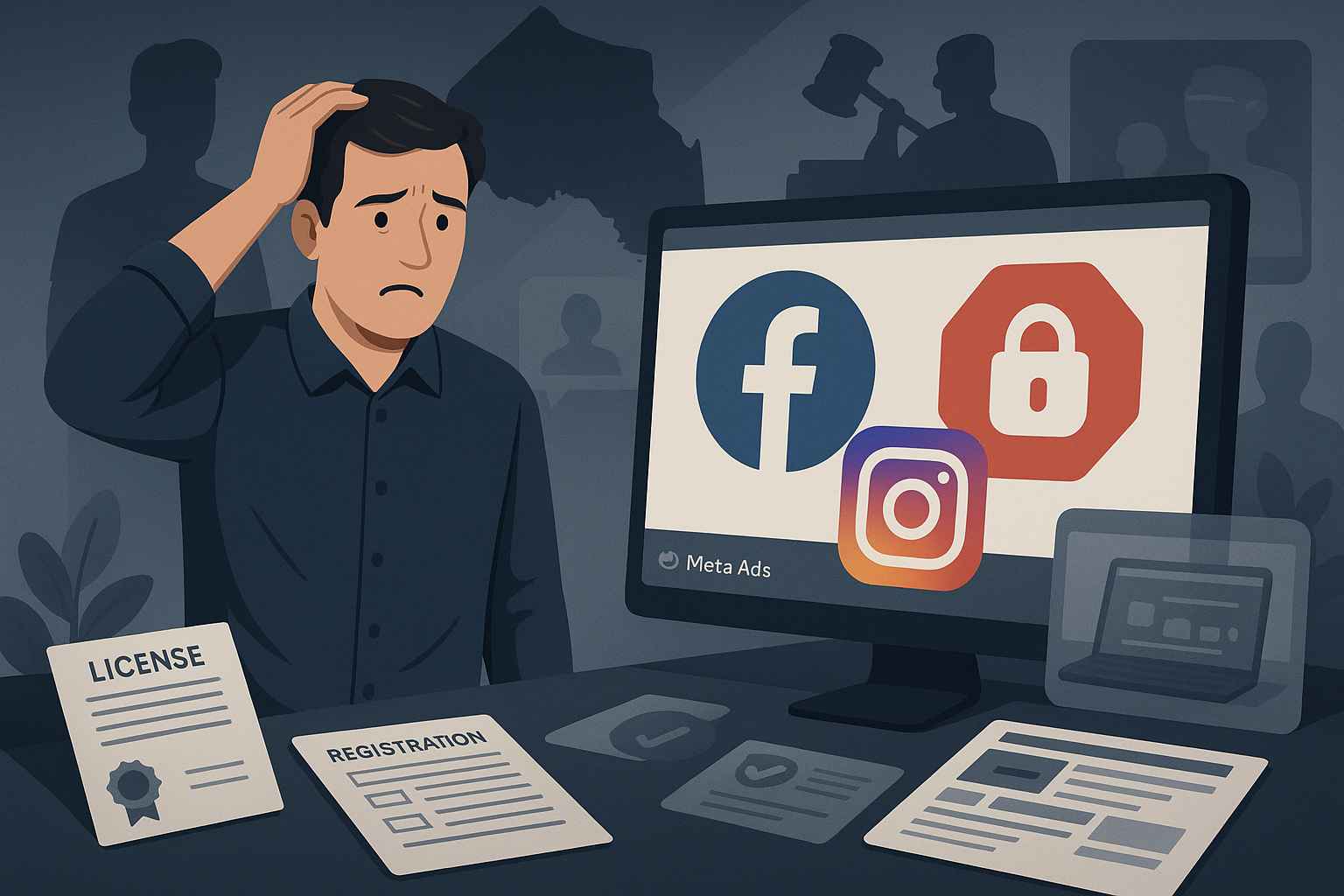 A worried man sits at a desk with gambling license and registration forms, looking at a computer displaying Facebook and Instagram logos with a padlock icon