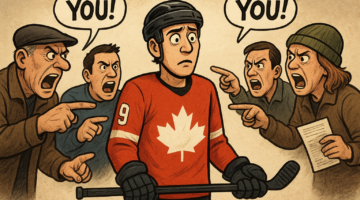 Angry fans pointing fingers and shouting at a hockey player, unfairly blaming him for their lost bets.