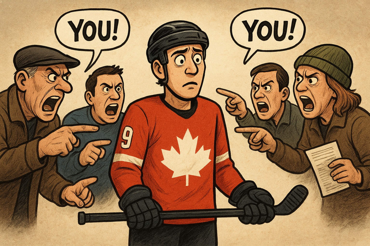 Angry fans pointing fingers and shouting at a hockey player, unfairly blaming him for their lost bets.